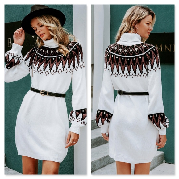 Turtleneck Boho Tunic Sweater Dress Aztac Tribal - Picture 4 of 9